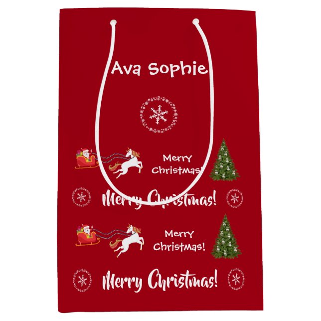 Sac Cadeau Moyen Arbre de Noël Père Noël Sleigh Unicorn Personnalis (Devant)