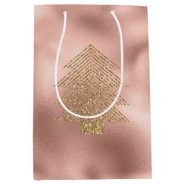 Sac Cadeau Moyen Arbre de Noël rose Gold Glitzy Parties scintillant (Devant)