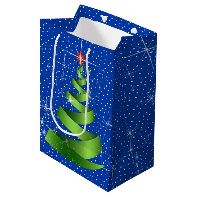 Sac Cadeau Moyen Arbre de Noël vert étincelant (Devant Angle)