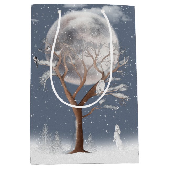Sac Cadeau Moyen Arbre d'hiver avec carte de vacances pour la lune  (Devant)