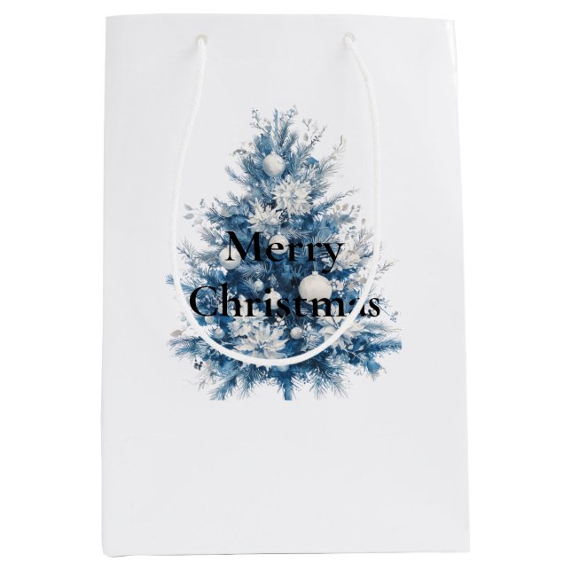 Sac Cadeau Moyen Arbres de Noël bleu blanc (Devant)
