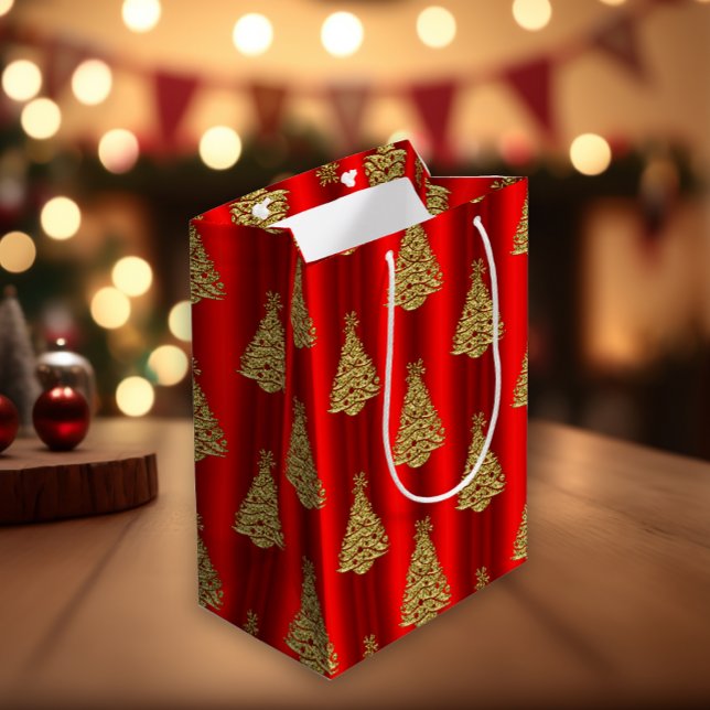 Sac Cadeau Moyen Arbres de Noël en or sur le rouge (Créateur téléchargé)
