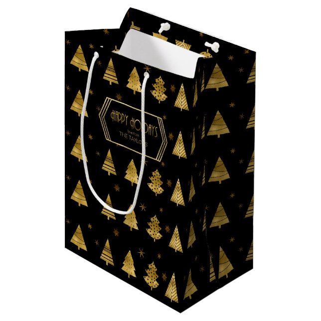 Sac Cadeau Moyen Arbres de Noël et Snowflakes Motif Gold ID863 (Devant Angle)
