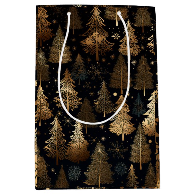 Sac Cadeau Moyen Arbres de Noël noir et or (Devant)