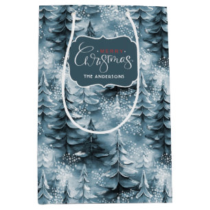 Sac Cadeau Moyen Arbres de Noël peints Blue ID1008