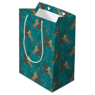 Sac Cadeau Moyen Arbres de Noël & tigres motif sur turquoise