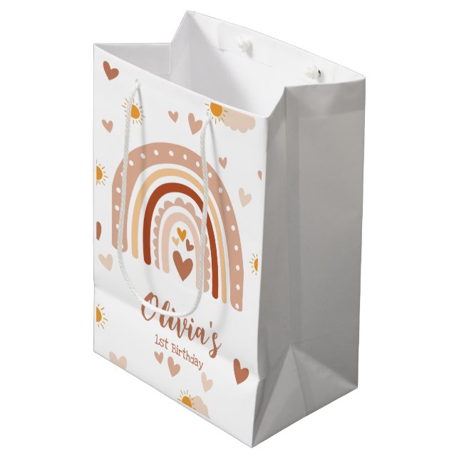 Sac Cadeau Moyen Arc en ciel Boheme - 1 an Anniversaire Fille (Devant Angle)