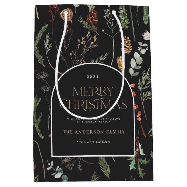 Sac Cadeau Moyen Arche de Noël aquarelle botanique enveloppement fl (Devant)