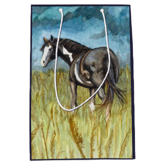 Sac Cadeau Moyen Art d'aquarelle du Cheval de peinture noir et blan