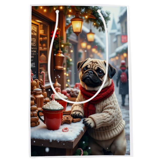 Sac Cadeau Moyen Art de chocolat chaud de Noël Pug (Devant)