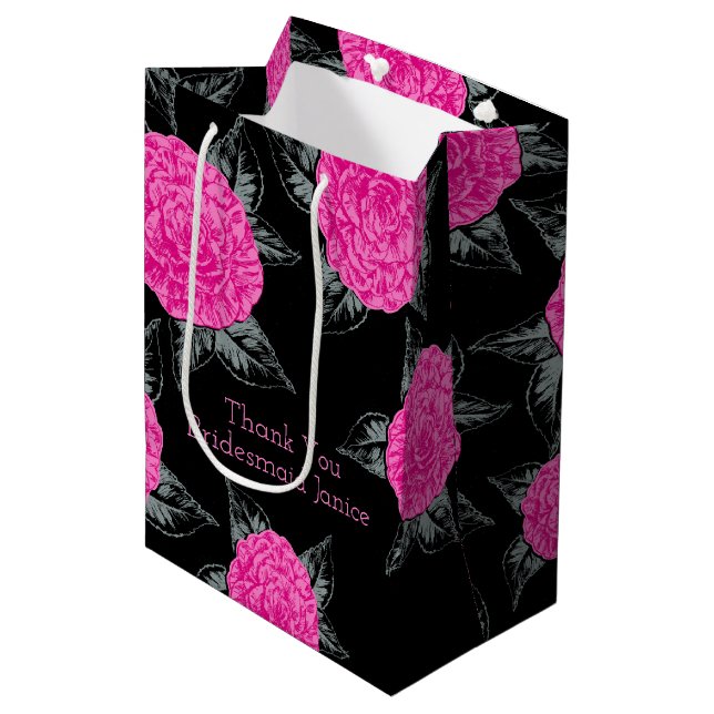 Sac Cadeau Moyen Art de l'encre de Camellia rose chaud et mariage n (Devant Angle)