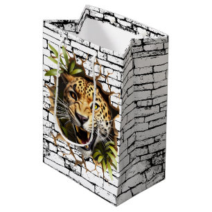 Sac Cadeau Moyen Art de léopard 3D brisant un mur – Safari réaliste
