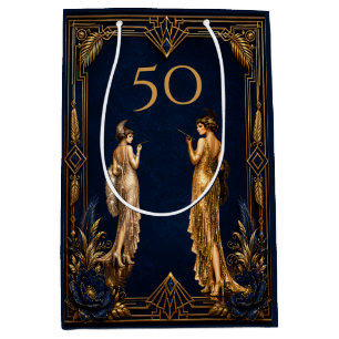 Sac Cadeau Moyen Art déco 50 ans filles flapper bleu or Gatsby