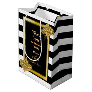 Sac Cadeau Moyen Art Déco, Gold Roses Black Stripes