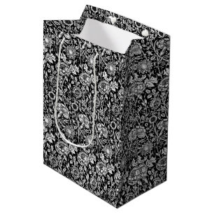Sac Cadeau Moyen Art nouveau Carnation Damask, noir et blanc