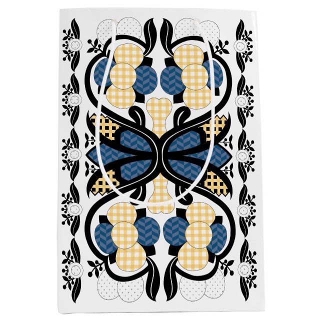 Sac Cadeau Moyen Art populaire fleuri bleu et jaune estonien (Devant)