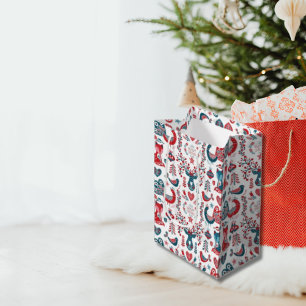 Sac Cadeau Moyen Art populaire scandinave de Noël de la Marine roug