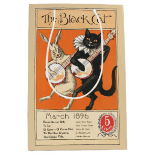 Sac Cadeau Moyen Art Rétro Orange Chat Noir Lapin Blanc Banjo