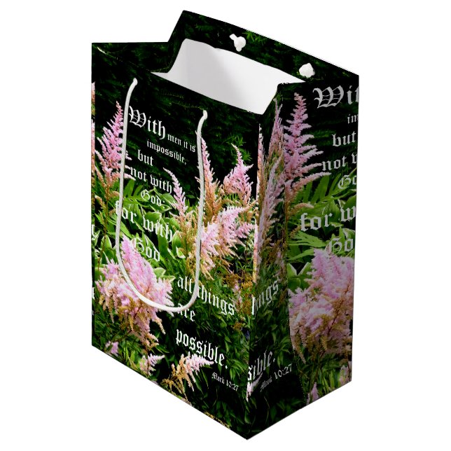 Sac Cadeau Moyen Astilbe avec Mark 10:27 (Devant Angle)
