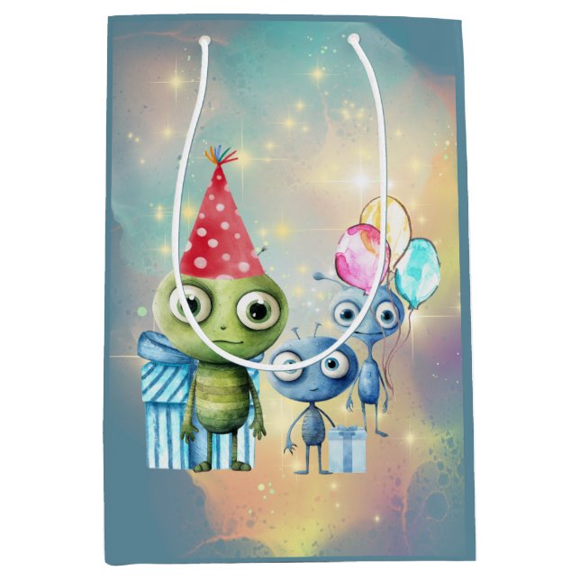 Sac Cadeau Moyen Attention Intergalactique Plaque Anniversaire (Devant)