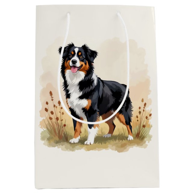Sac Cadeau Moyen Australian Shepherd Black Tricolor Aussie Dog (Devant)