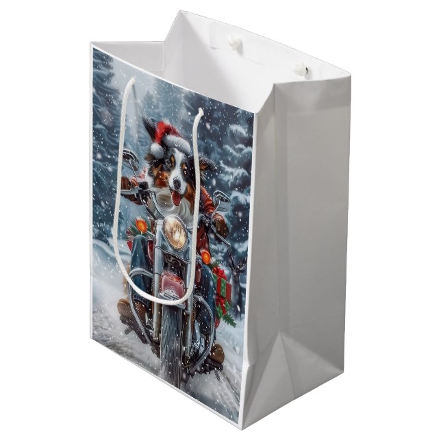 Sac Cadeau Moyen Australian Shepherd Riding Motorcycle Noël (Devant Angle)