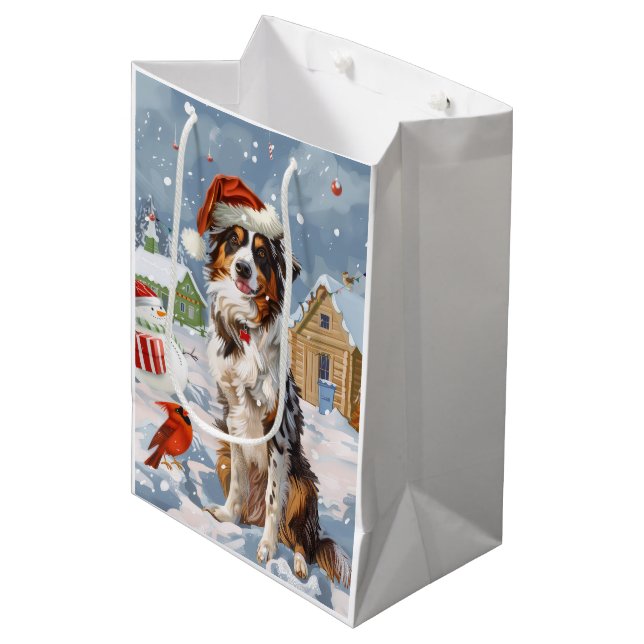 Sac Cadeau Moyen Australian Shepherd Winter Wonderland Noël (Devant Angle)