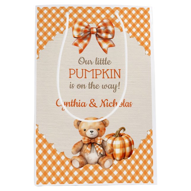 Sac Cadeau Moyen Automne Plaid Teddy Bear Citrouille Feuilles (Devant)