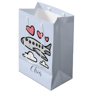 Sac Cadeau Moyen Avion mignon aux coeurs rouges et aux nuages blanc