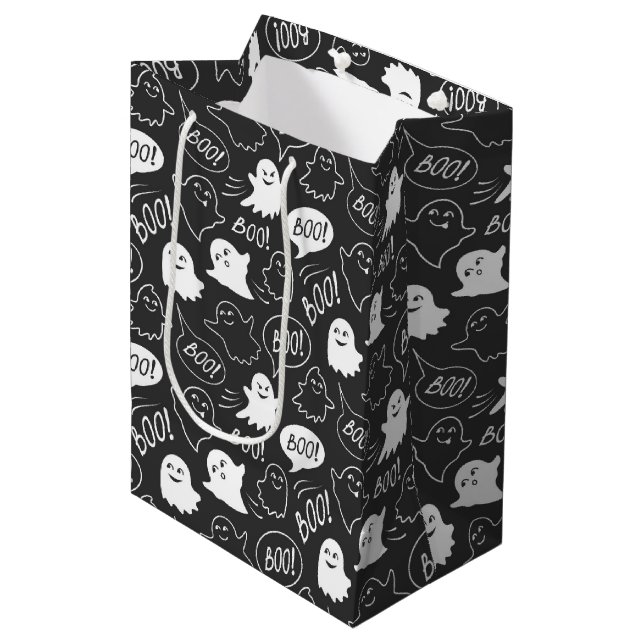 Sac Cadeau Moyen B&W Cute Doodle Halloween Motif (Devant Angle)