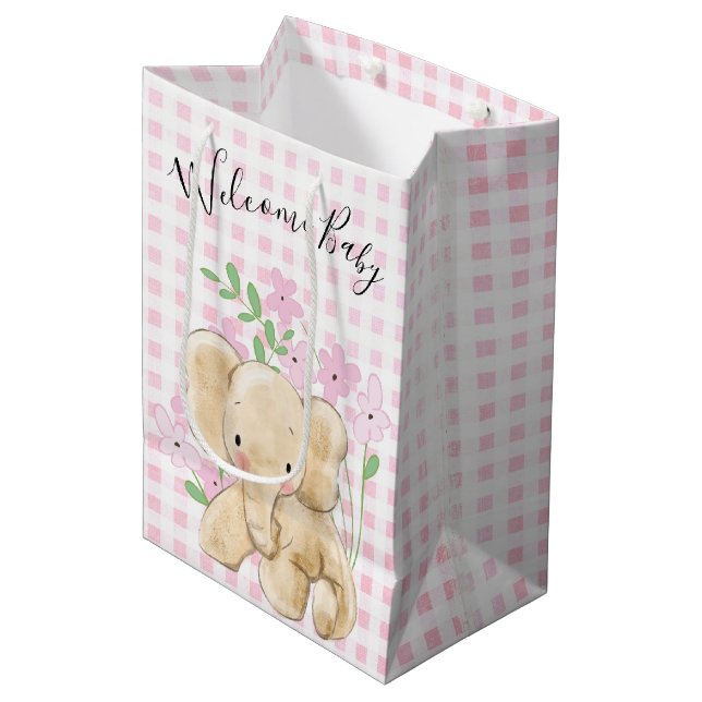 Sac Cadeau Moyen Baby Elephant In Flowers sur En vichy (Devant Angle)