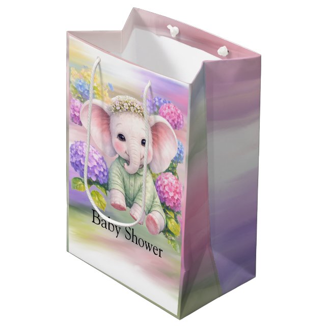Sac Cadeau Moyen Baby Elephant with Hydrangeas Baby Shower  (Devant Angle)