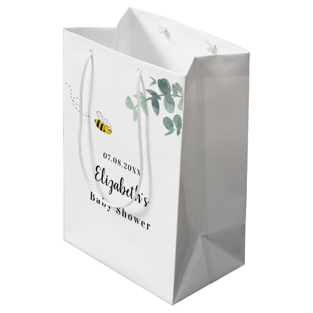 Sac Cadeau Moyen Baby shower abeille mignonne eucalyptus vert blanc (Dos Angle)