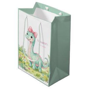 Sac Cadeau Moyen Baby-Shower avec un joli dinosaure et un nœud rose