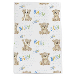 Sac Cadeau Moyen Baby shower Brown Teddy Bear Blue Boy