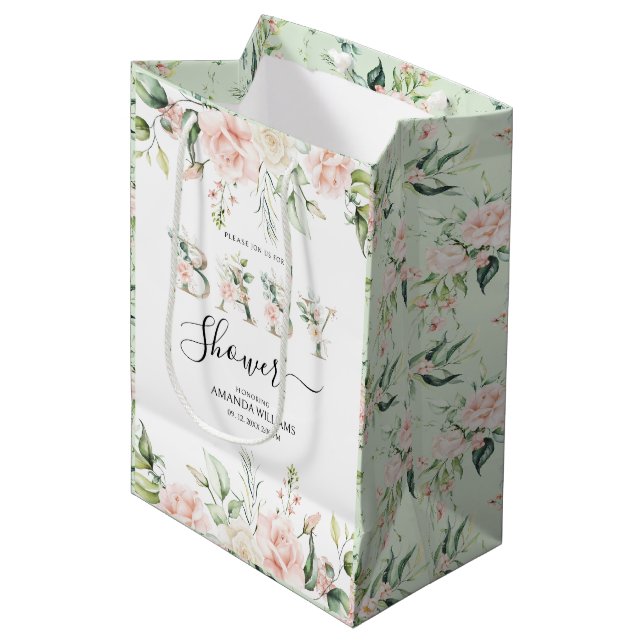 Sac Cadeau Moyen Baby shower de lettres florales rose pâle (Devant Angle)