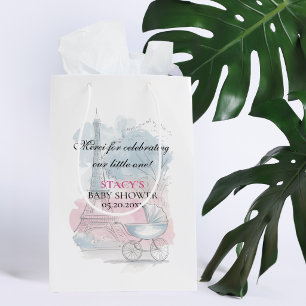 Sac Cadeau Moyen Baby Shower de Voyage Paris et Carrosse Bleu Rose
