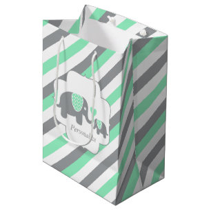 Sac Cadeau Moyen Baby shower des éléphants blancs, verts et gris