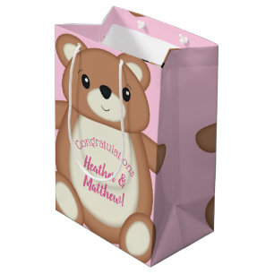 Sac Cadeau Moyen Baby shower d'ours en peluche rose