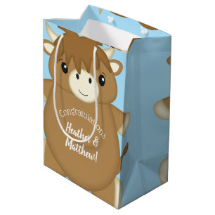 Sac Cadeau Moyen Baby shower écossais de vache Highland Blue
