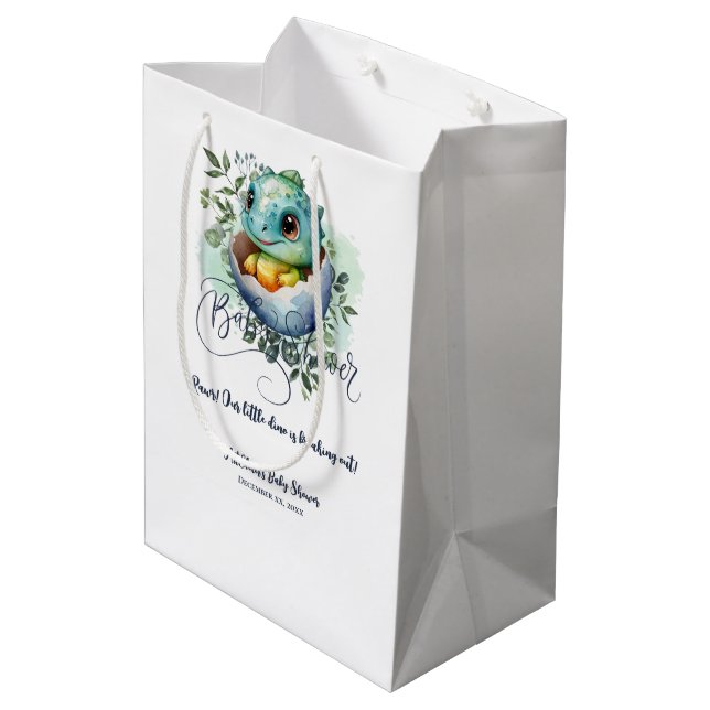Sac Cadeau Moyen Baby shower Feuille Dinosaur Oeuf Cute Aquarelle (Dos Angle)