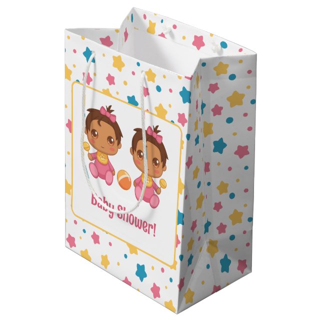 Sac Cadeau Moyen Baby shower fille jumeaux étoiles foncé (Dos Angle)