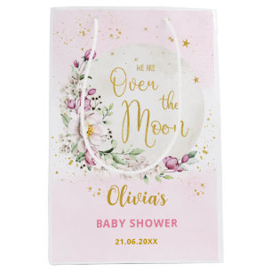 Sac Cadeau Moyen Baby Shower Fleur de Lune Rose