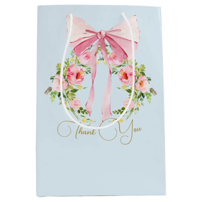 Sac Cadeau Moyen Baby shower Floral Crest Regency Bow rose Bleu (Devant)