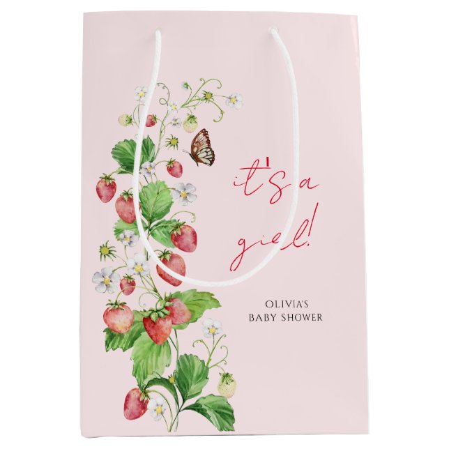 Sac Cadeau Moyen Baby shower fraise C'est une fille (Devant)