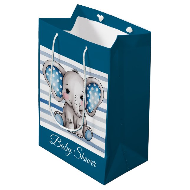 Sac Cadeau Moyen Baby shower garçon Pois Eléphant mignon (Devant Angle)