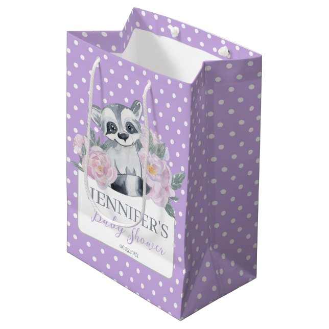 Sac Cadeau Moyen Baby shower Polkadot violet mignon de Woodland (Devant Angle)