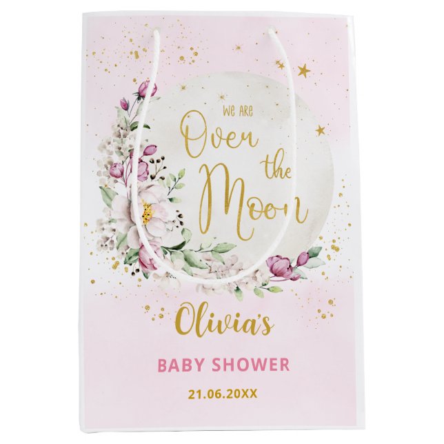 Sac Cadeau Moyen Baby shower rose lune florale (Devant)