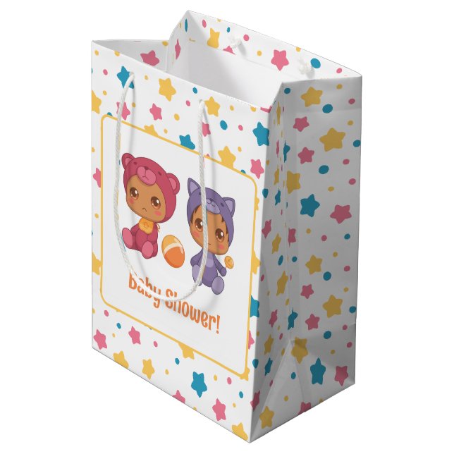 Sac Cadeau Moyen Baby shower Twins Chat Ours Étoiles foncé (Dos Angle)