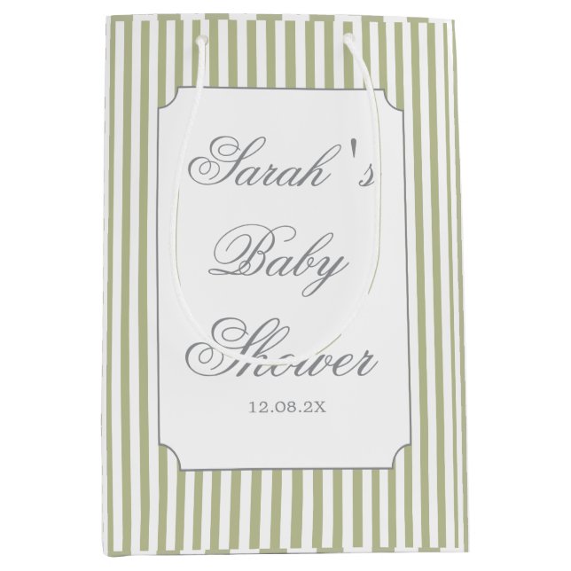 Sac Cadeau Moyen Baby-Shower Vert Sauge Rayures  (Devant)